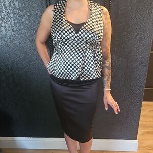 Elegant Black and White Polka Dot Women's Skirt, Black Pencil Skirt Set